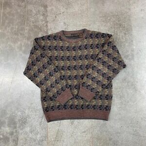 Vintage Jantzen Pattern Knit Sweater Brown Geometric Crewneck Size S